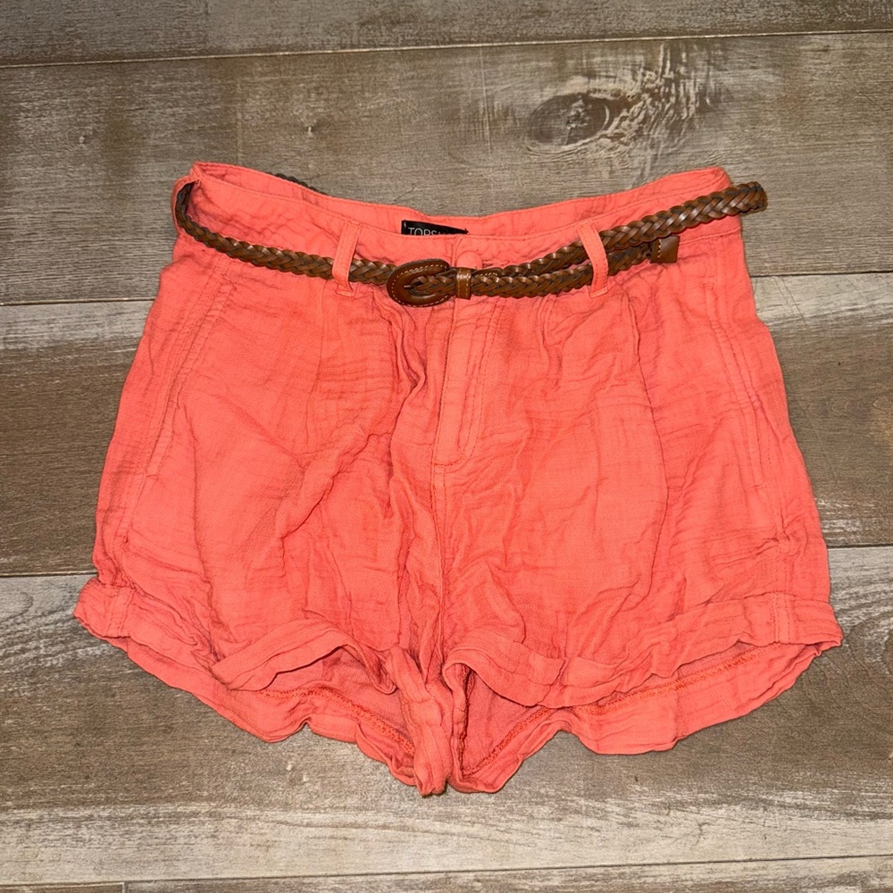 Topshop Women's Gauzy Coral Shorts with Faux Leather Braided Belt